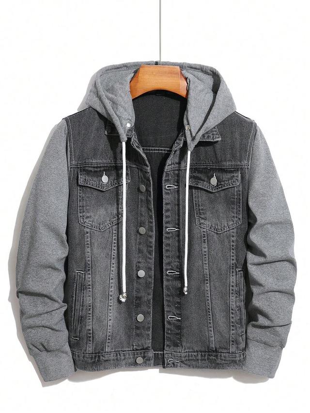 men's grey denim splicing hooded casual jacket