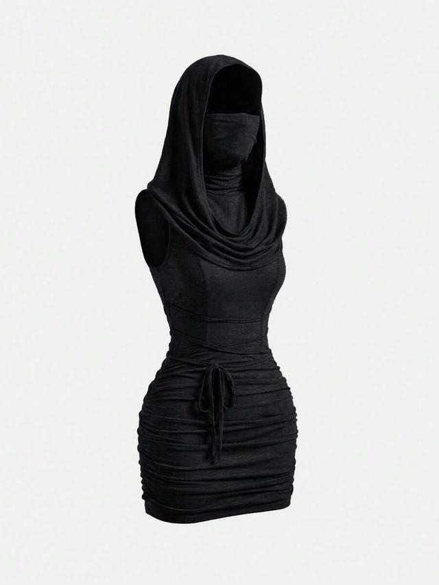 black hooded sleeveless ruched mini dress