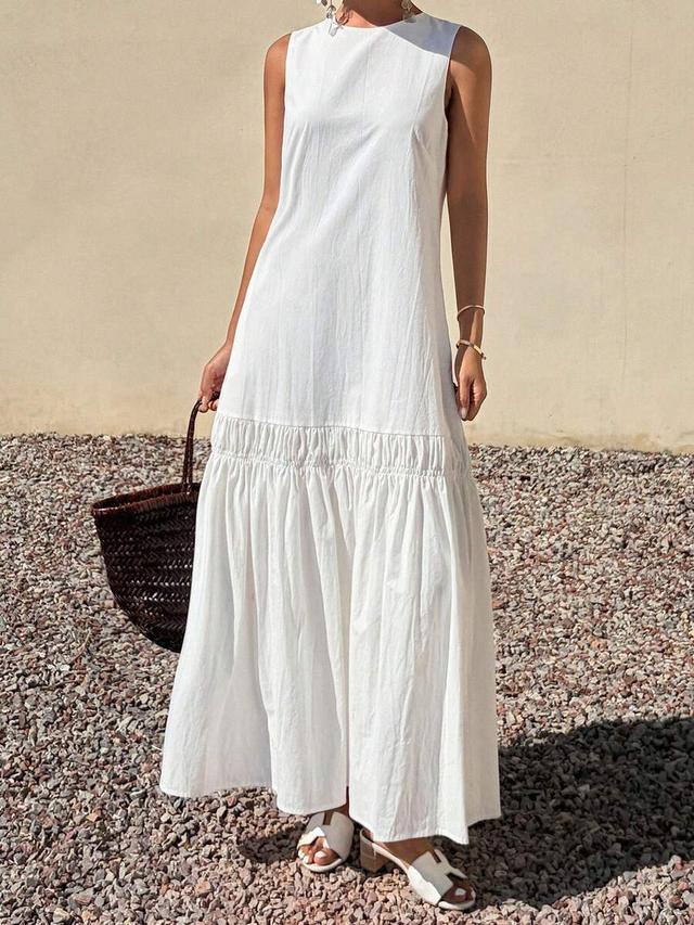 white sleeveless cotton round neck tiered sundress