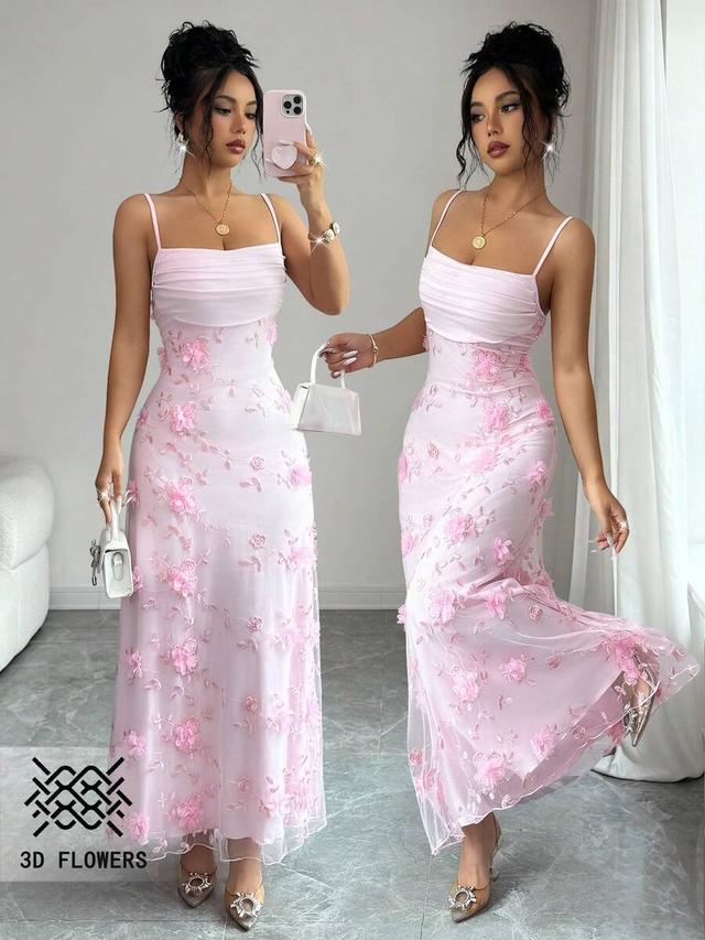 pastel pink floral applique midi slip dress