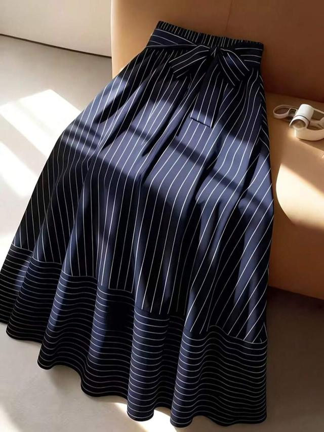 navy striped high waist elegant bow skirt