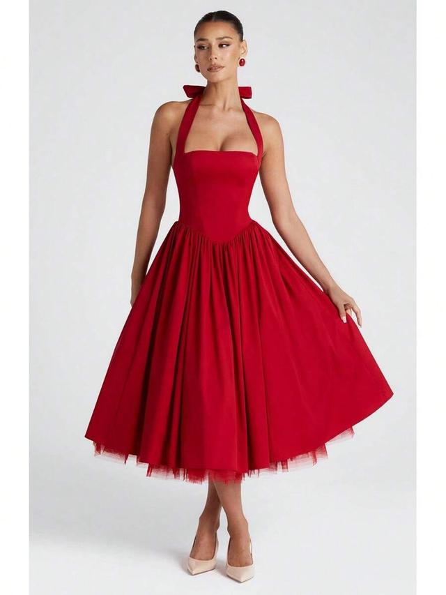 red halter neck fit and flare midi dress
