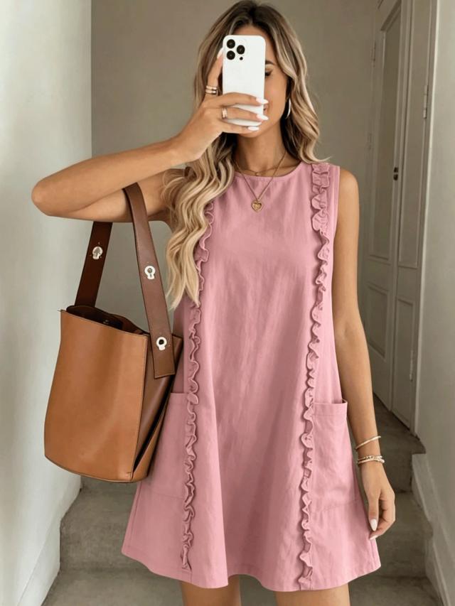 sleeveless straight dress in solid pink with ruffle trim