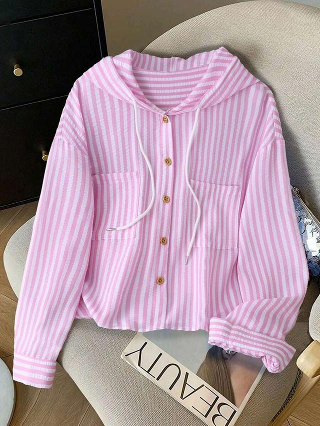 pink and white striped loose hooded shirt