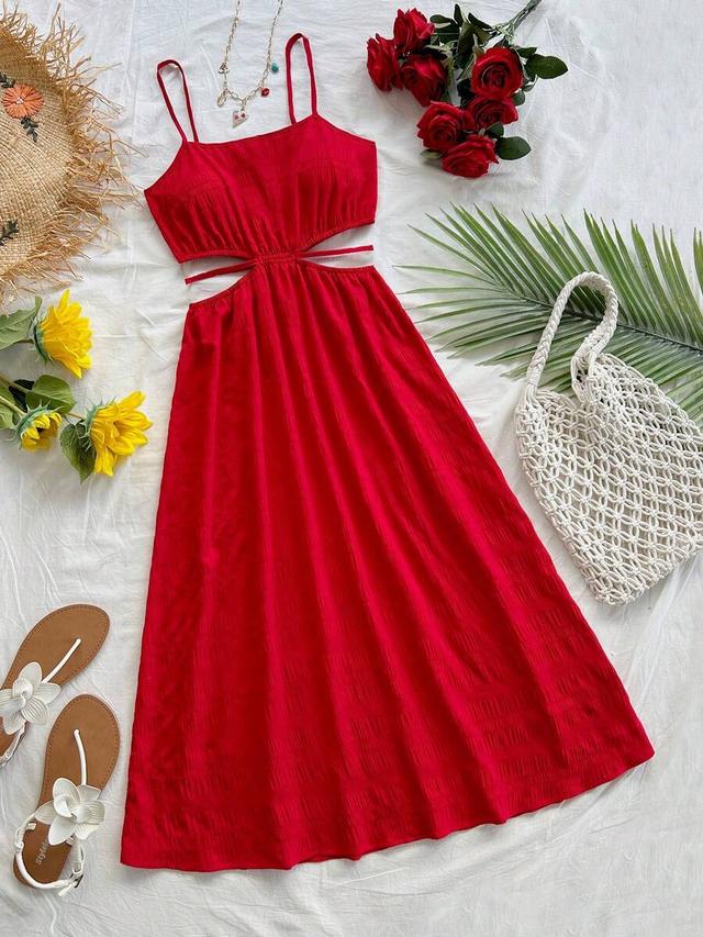 red tropical floral print hollow-out tie-up midi dress