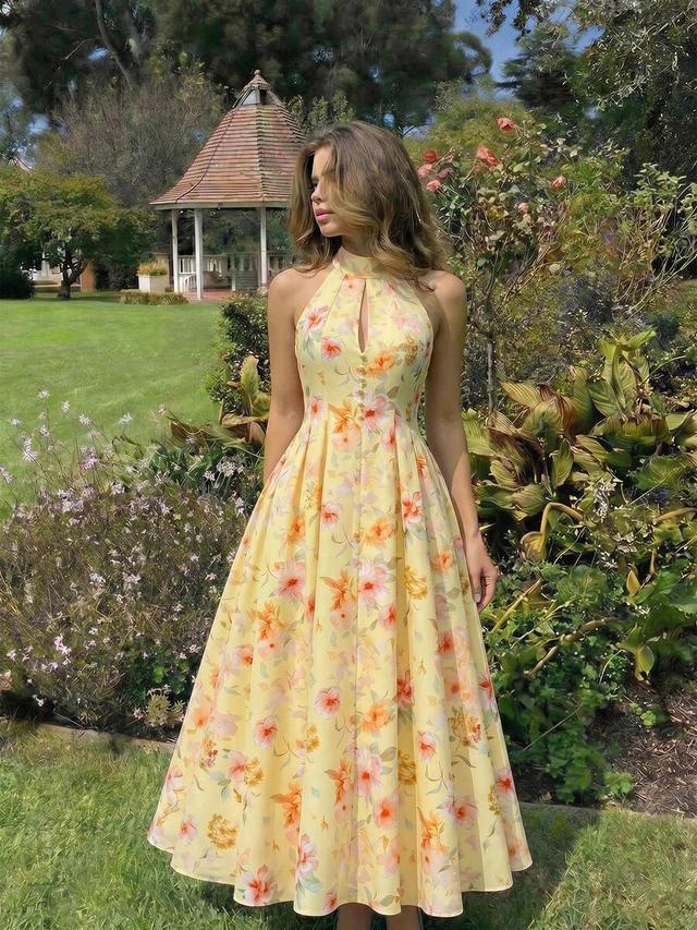 soft yellow floral mandarin collar sleeveless maxi dress