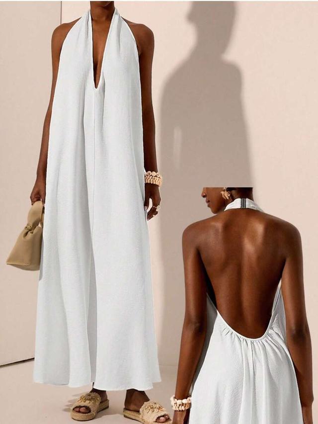 white textured deep v-neck backless maxi dress