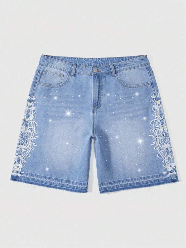 washed denim shorts with rhinestone and floral embroidery