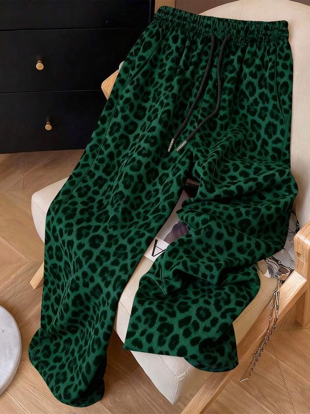 green leopard print high waisted casual sweatpants