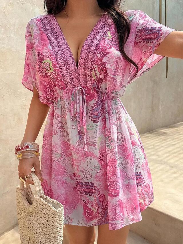 pink paisley print batwing sleeve chiffon mini dress