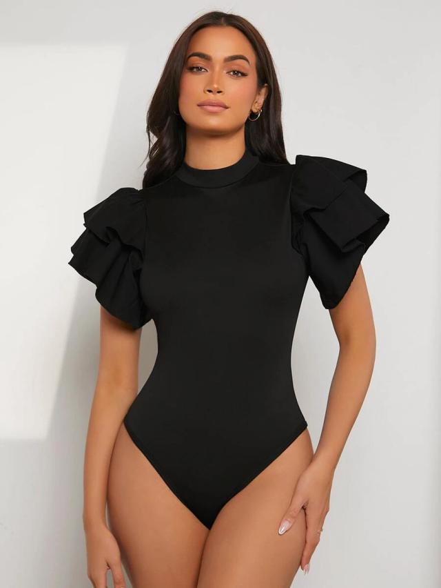 modelyn mock neck exaggerated ruffle trim bodysuit