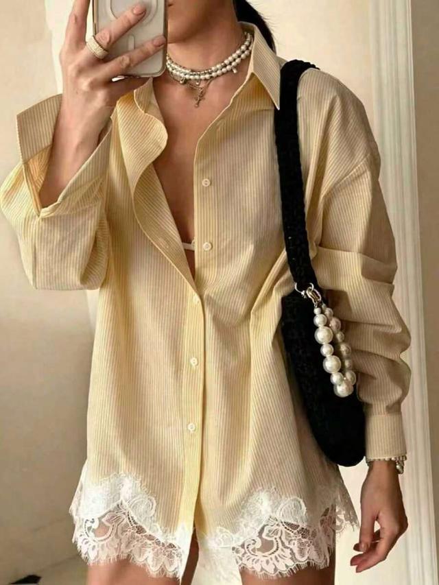 yellow fine striped cotton blouse with lace hem