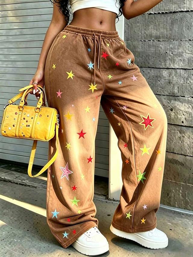 brown loose embroidered star print drawstring sweatpants