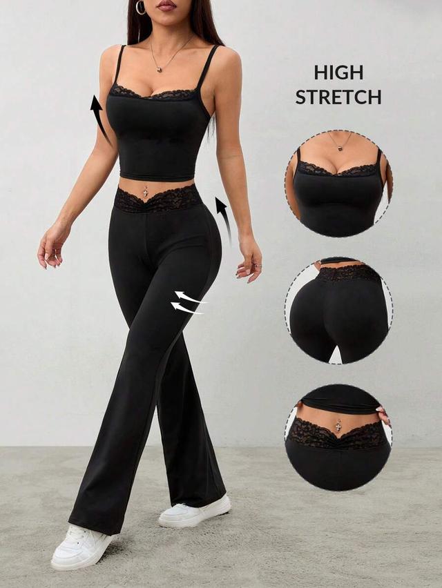 black lace trim crop top and bell bottom set
