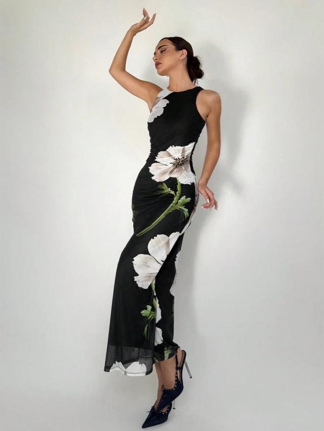 sleeveless floral printed pleated bodycon long dress