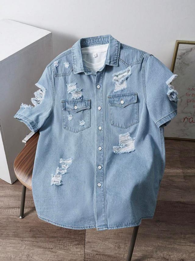 light wash distressed denim short sleeve shirt