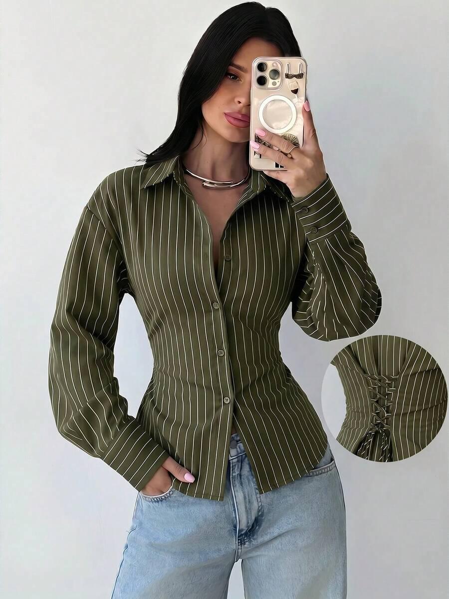 army green striped long sleeve back cinched shirt