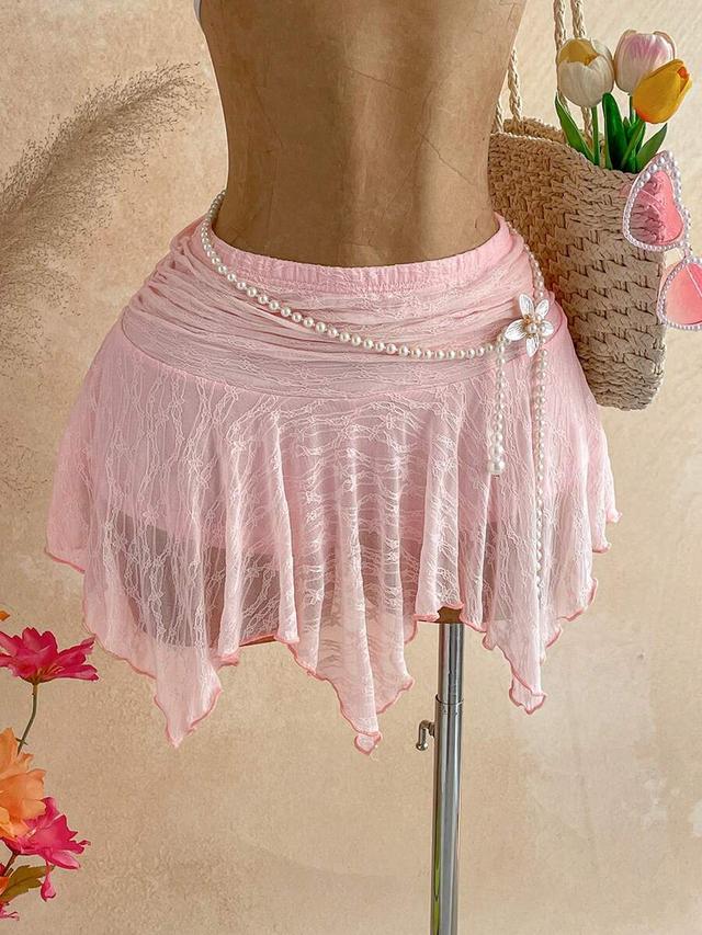 baby pink lace asymmetric hem mini skirt