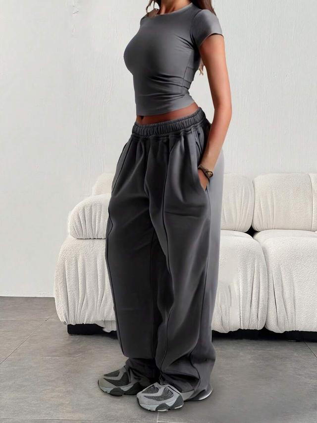 women casual loose solid color elastic waist sweatpants