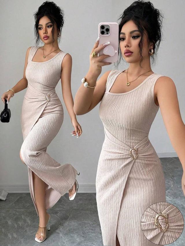 textured beige sleeveless midi dress with side ring