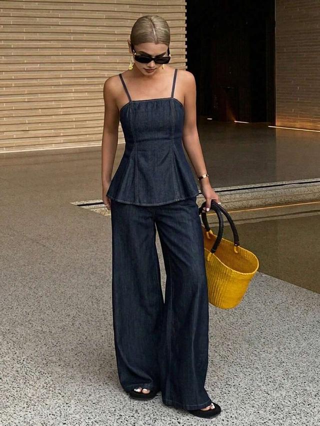 dark wash denim bustier top with cinched waist