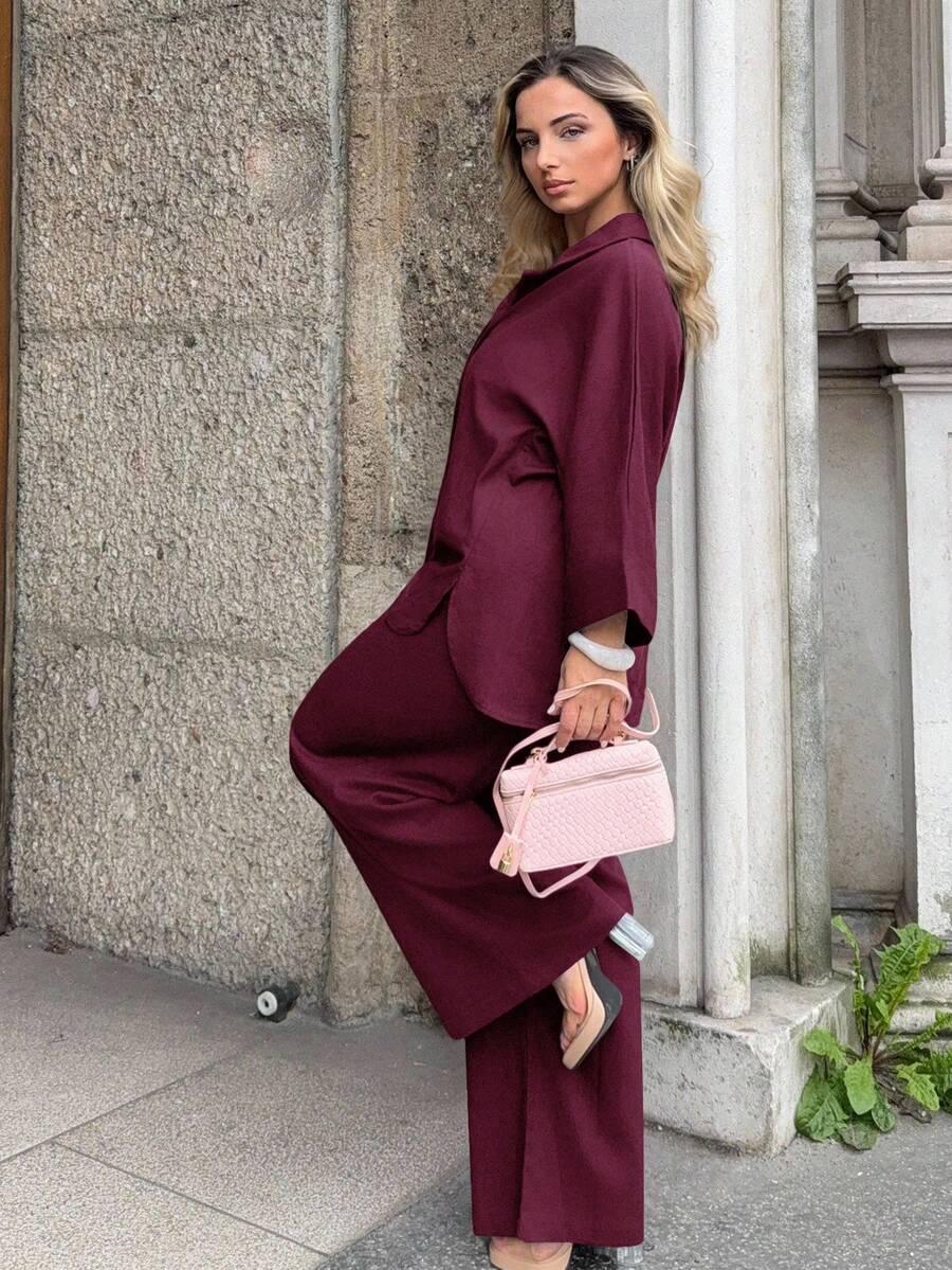 burgundy side slit loose shirt and wide leg trousers