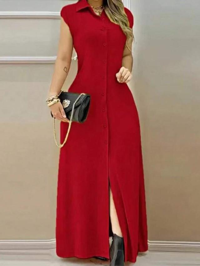 women's casual commute solid color front button long dress red