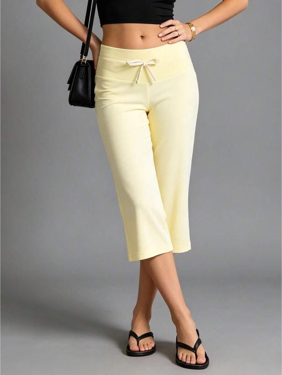 women drawstring waist yellow cropped lounge pants