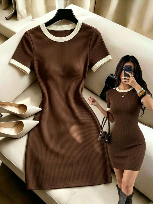 brown ribbed knit mini dress with contrast trim