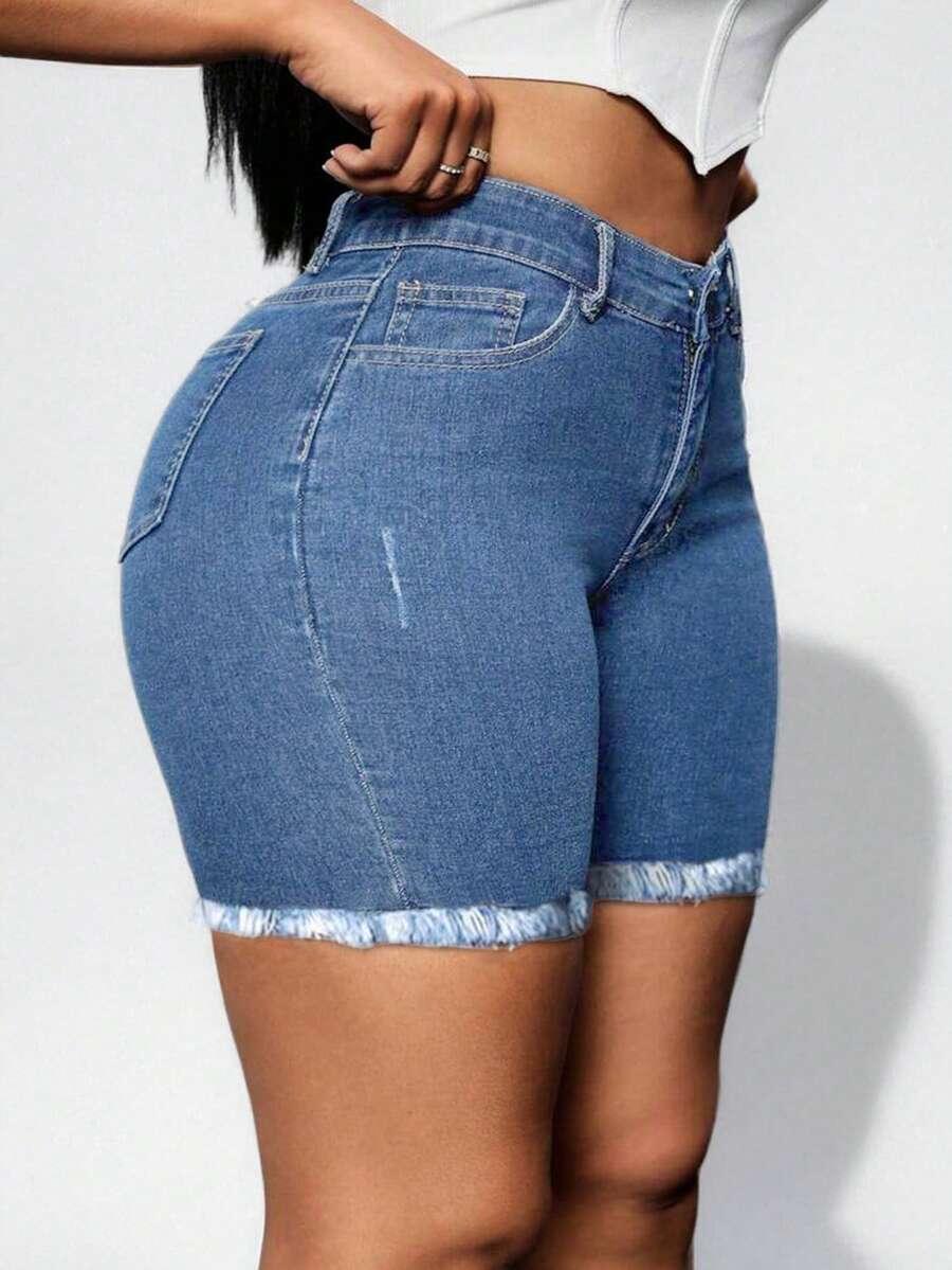 deep blue stretch denim shorts with raw hem