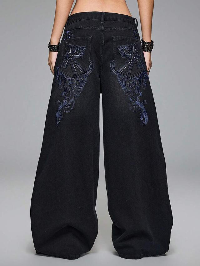 washed black distressed cross vine embroidered oversized jeans