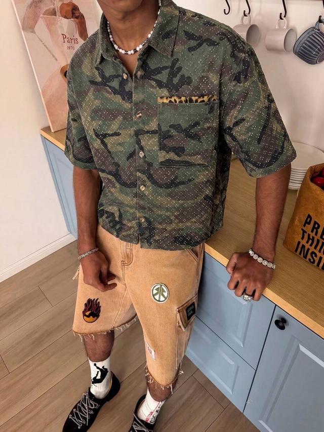 camouflage crochet short sleeve button down shirt