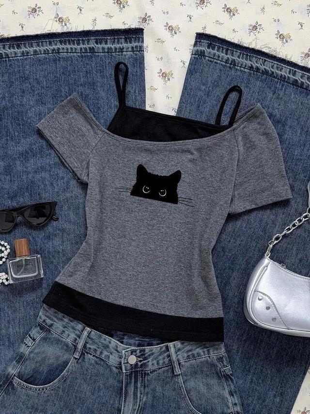 grey black cat print contrast color short sleeve top