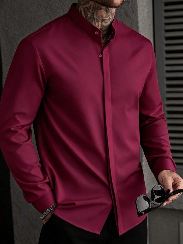 burgundy stand-up collar long sleeve button shirt