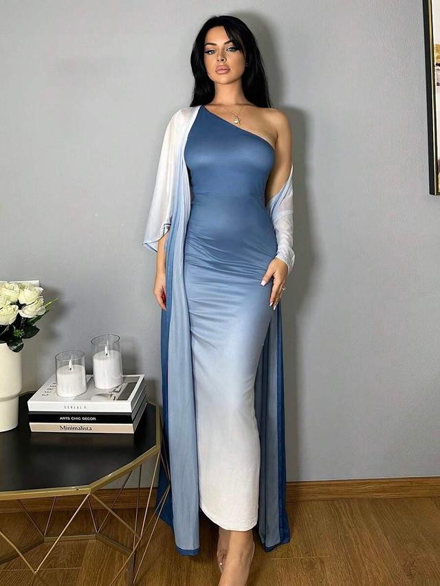 vassilux ombre shoulder sloping dress with coat evening set
