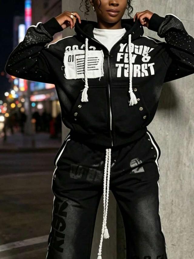 two piece hip hop hooded sweatshirt and pants set
