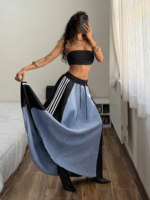 casual contrast color striped drawstring waist denim skirt