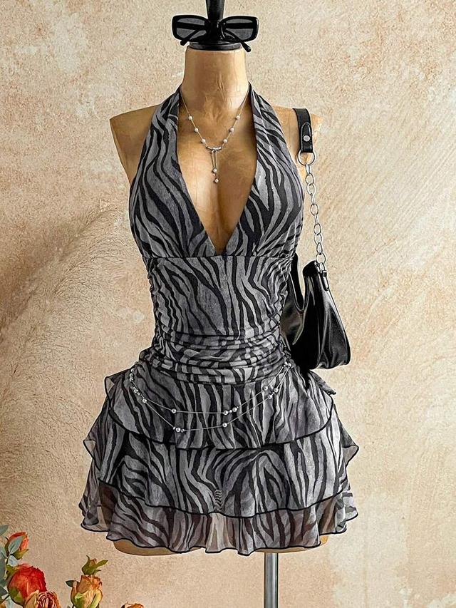 vintage zebra print mesh ruched halter mini dress