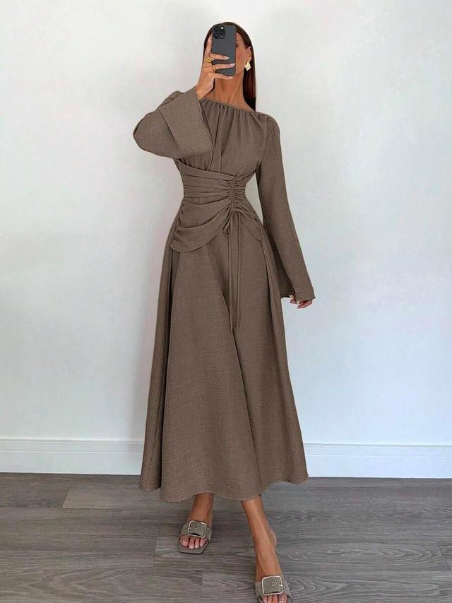 brown round neck bell sleeve ruched waist dress