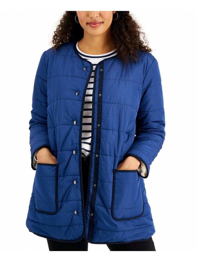 reversible quilted blue jacket with contrast trim