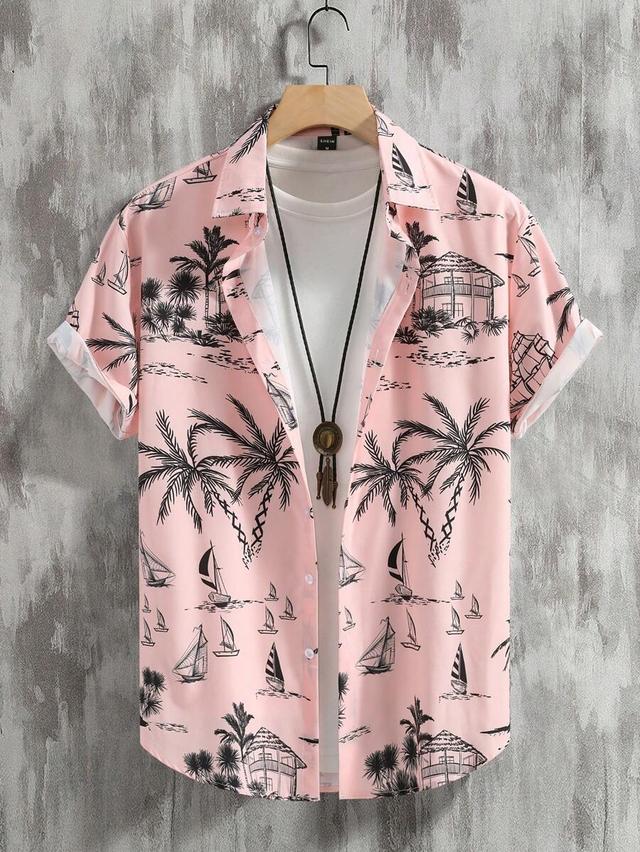 pink coconut tree print short sleeve hawaiian shirt