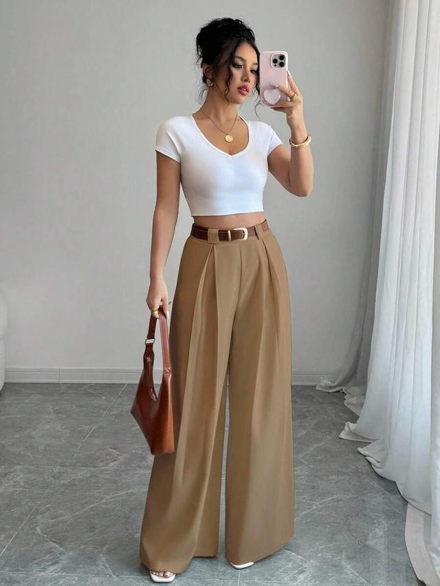 khaki high-waist pleated wide-leg culottes