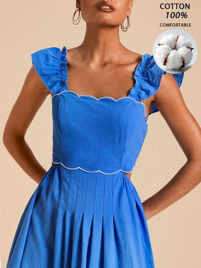 blue cotton tropical embroidered dress with scalloped trim