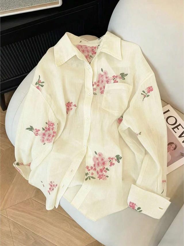 floral embroidered cream linen button-up shirt