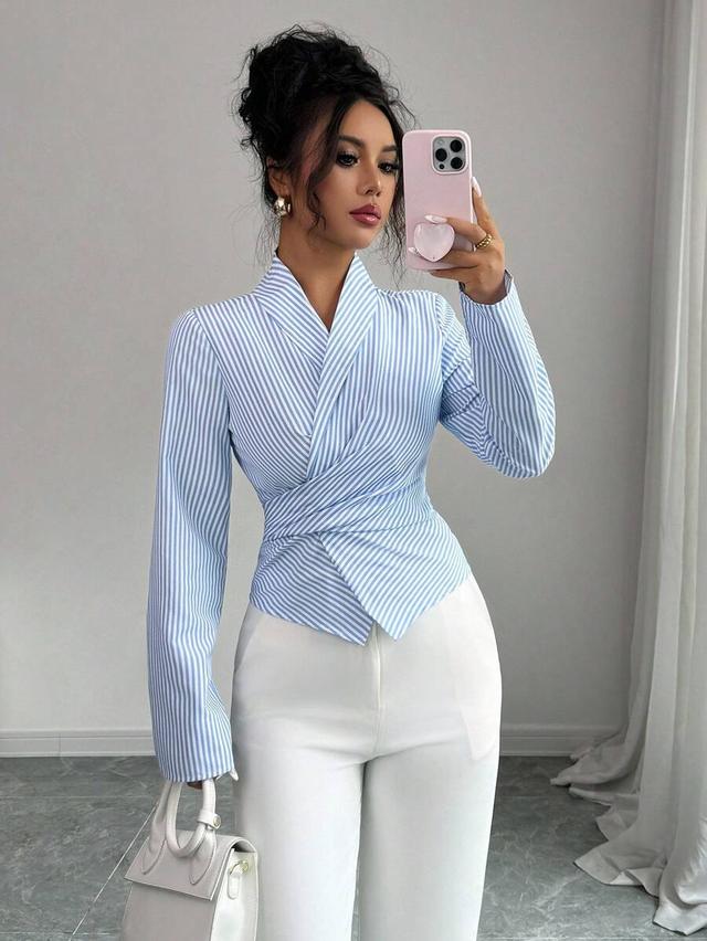 striped cinched waist wrap around shirt