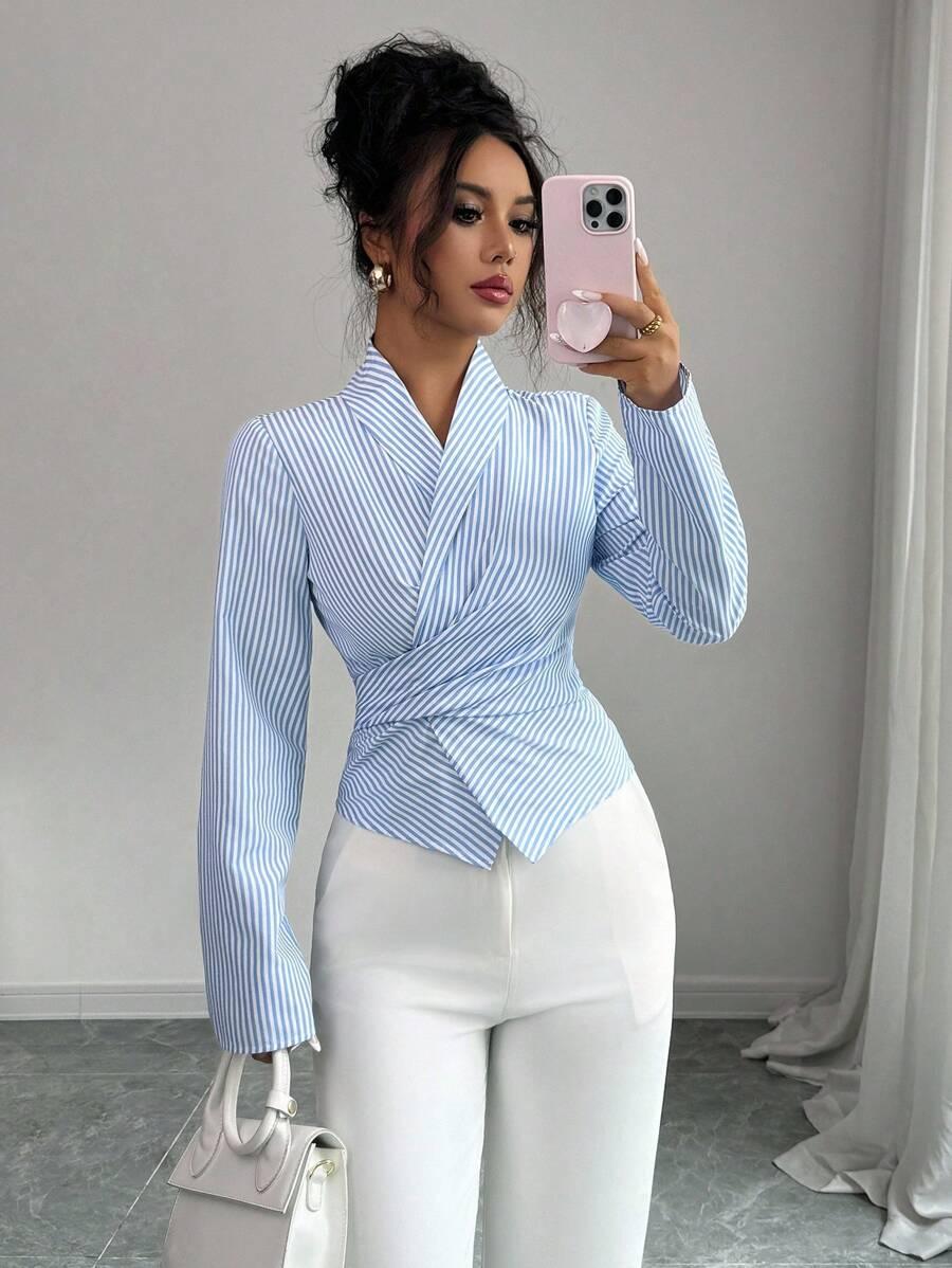 striped cinched waist wrap around shirt