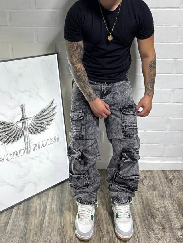men's distressed acid wash cargo straight leg jeans