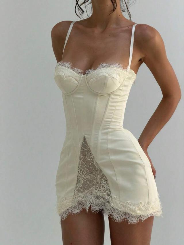 ivory satin corset mini dress with lace trim