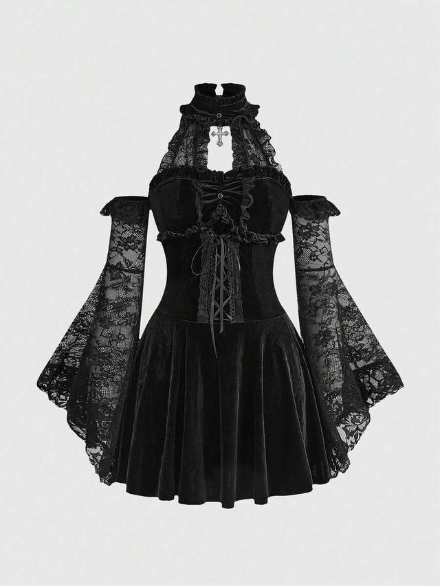 goth elegant stand collar velvet lace patchwork mini dress