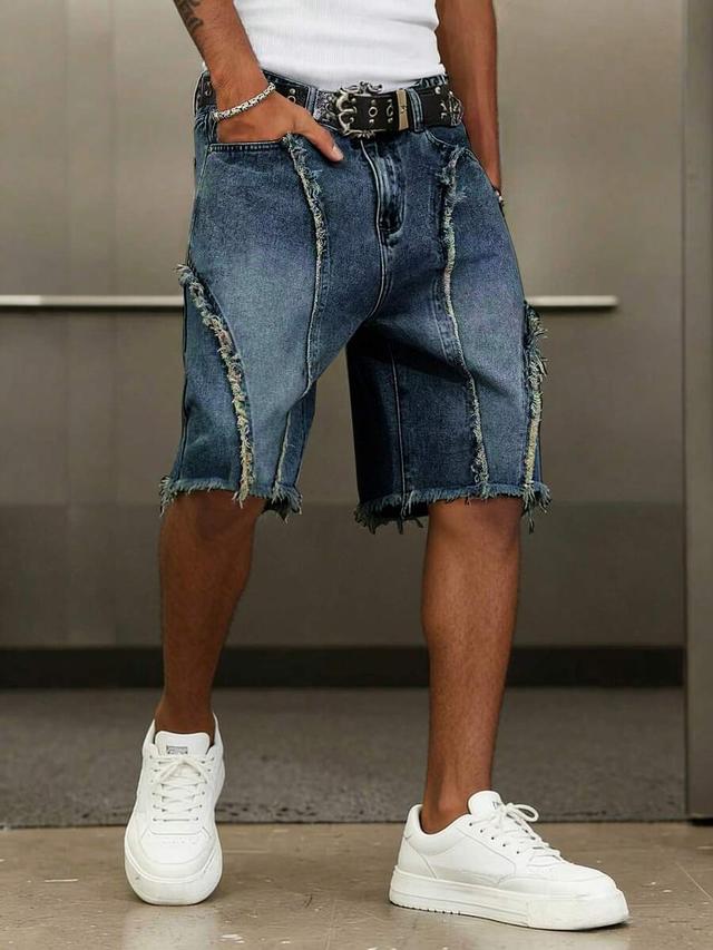 blue men's streetwear frayed patchwork vintage wash denim shorts